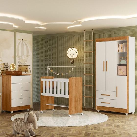 Imagem de Quarto de Bebê Completo com Cômoda, Mini Berço e Guarda Roupas Lila Amadeirado/Branco