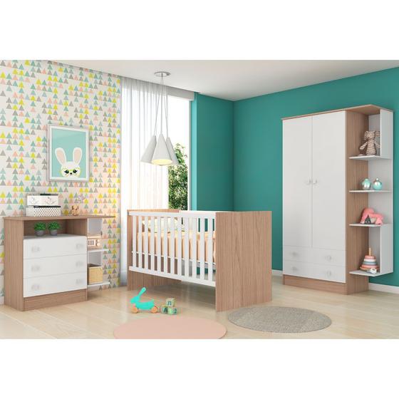 Imagem de Quarto de Bebê Completo com Guarda-roupa 2 Portas, Berço e Cômoda Doce Sonho Qmovi - Carvalho Rústico/Branco