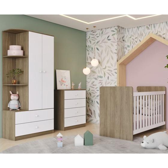 Imagem de Quarto de Bebê Completo com Guarda Roupa 2 Portas Cômoda 4 Gavetas e Berço Labirinto Henn