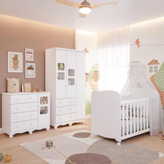 Imagem de Quarto de Bebê Completo com Guarda Roupa 3 Portas Berço Americano Cômoda Uli 4 Gavetas MDF