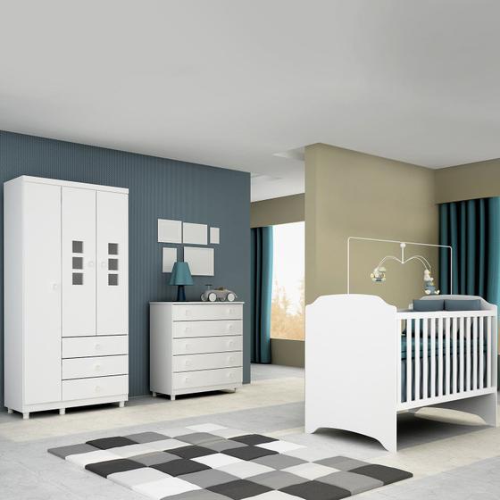 Imagem de Quarto de Bebê Completo com Guarda Roupa 3 Portas, Berço e Cômoda Sonic Tcil Móveis Branco / Branco