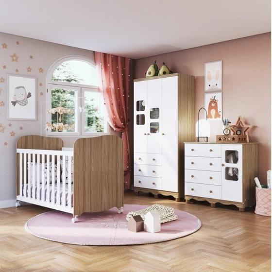 Imagem de Quarto de Bebê Completo com Guarda Roupa 3 Portas Cômoda com Janela e 1 Berço Mimo Espresso Móveis Branco Brilho/Carvalho