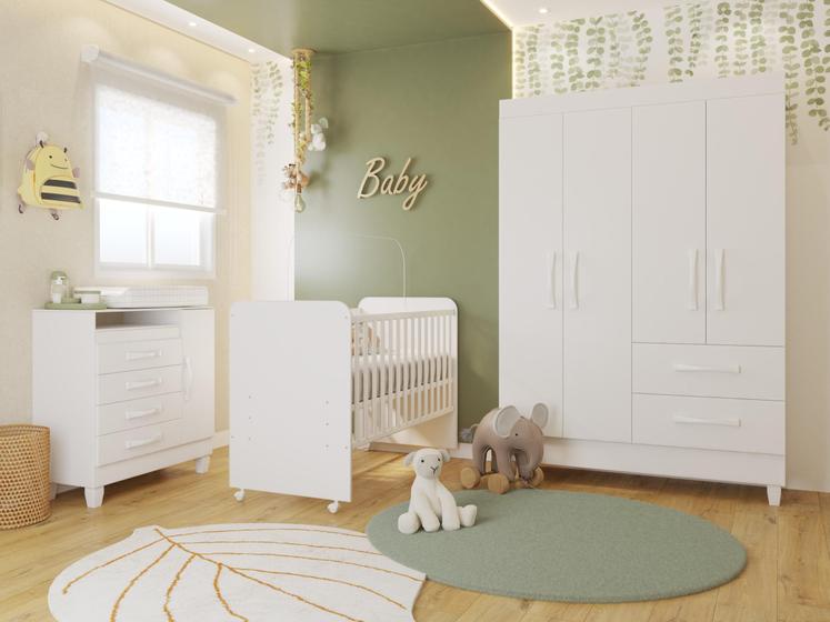 Imagem de Quarto de Bebê Completo com Guarda-Roupa 3 Portas, Cômoda e Berço com Rodinhas  Branco Moderno, Seguro Funcional  Móveis Ideal Do Quartinho do Bebê