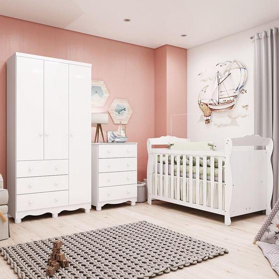 Imagem de Quarto de Bebê Completo com Guarda-roupa 3 Portas e Cômoda e Berço Nina 100% Mdf Espresso Móveis Branco Brilho