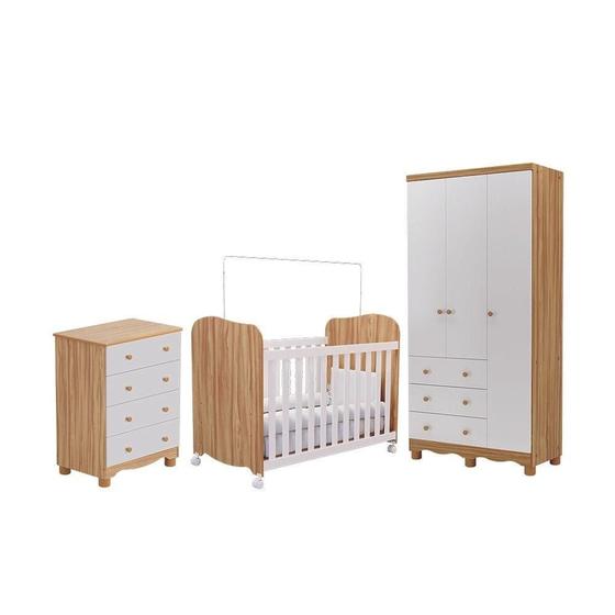 Imagem de Quarto De Bebê Completo Com Guarda Roupa 3 Ptas Cômoda Berço Junior Uli Móveis Peroba Branco/Amendoa