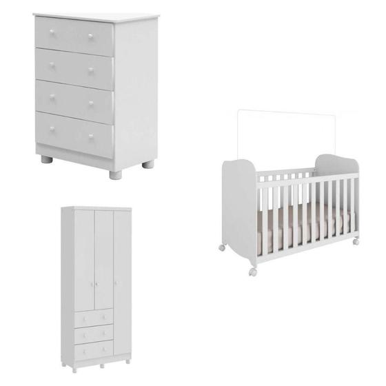 Imagem de Quarto De Bebê Completo Com Guarda Roupa 3 Ptas Cômoda Berço Junior Uli Móveis Peroba Branco