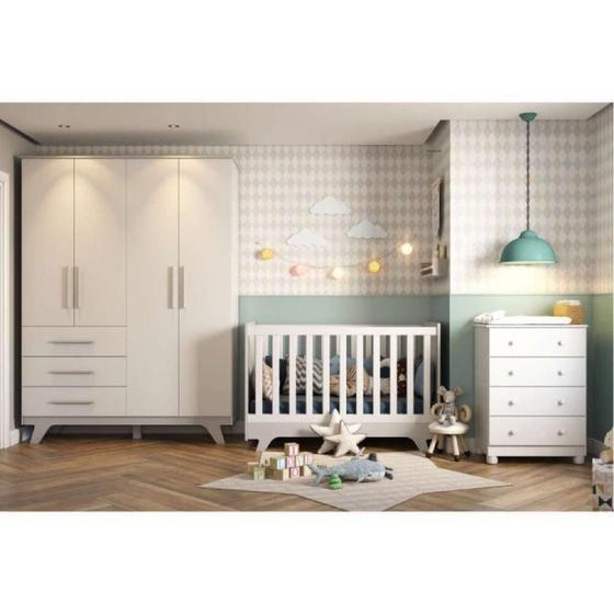 Imagem de Quarto de Bebê Completo com Guarda Roupa 4 Portas 3 Gavetas Cômoda e Berço Retrô Móveis Peroba Branco Brilho/Cinza