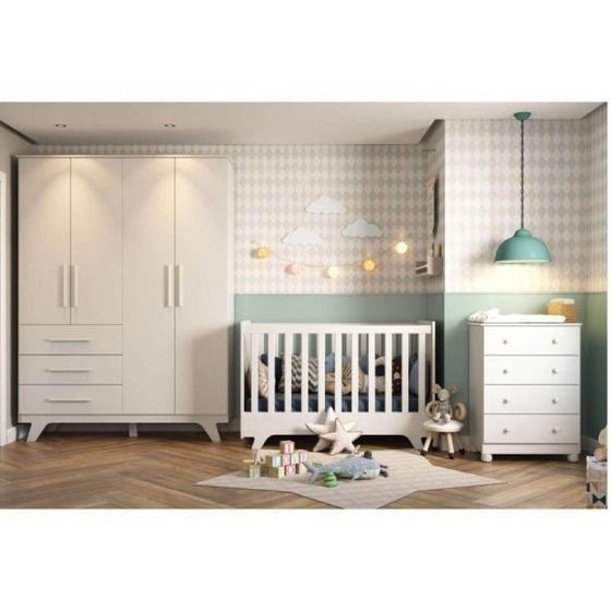 Imagem de Quarto de Bebê Completo com Guarda Roupa 4 Portas 3 Gavetas Cômoda e Berço Retrô Móveis Peroba Branco Brilho