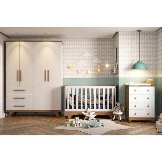 Imagem de Quarto de Bebê Completo com Guarda Roupa 4 Portas 3 Gavetas Cômoda e Berço Retrô Móveis Peroba