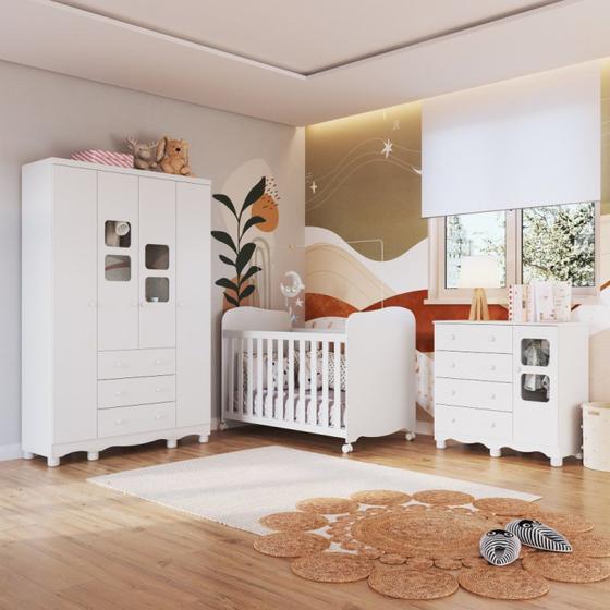 Imagem de Quarto de Bebê Completo com Guarda Roupa 4 Portas com Janelas Cômoda e Berço 100% MDF Mimo Espresso Móveis