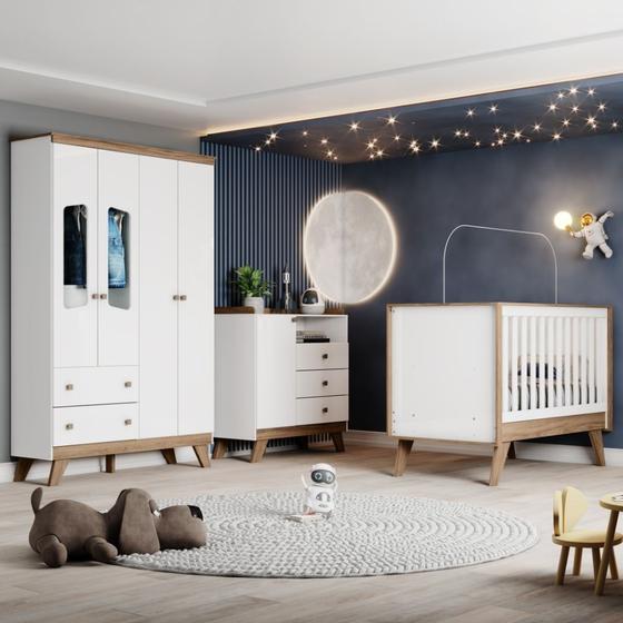 Imagem de Quarto de Bebê Completo com Guarda Roupa 4 Portas Cômoda 3 Gavetas e Berço 3 em 1 Lola Henn