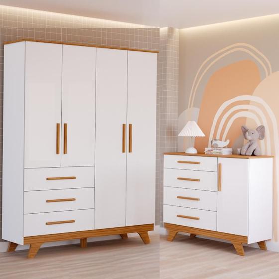 Imagem de Quarto de Bebê Completo com Guarda Roupa 4 Portas Cômoda 4 Gavetas Retrô MDF Faura