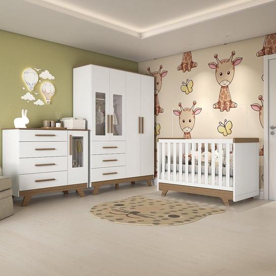 Imagem de Quarto de Bebê Completo com Guarda Roupa com Janela Berço e Cômoda 100% MDF Retrô Kakau Espresso Móveis Branco Brilho/Carvalho