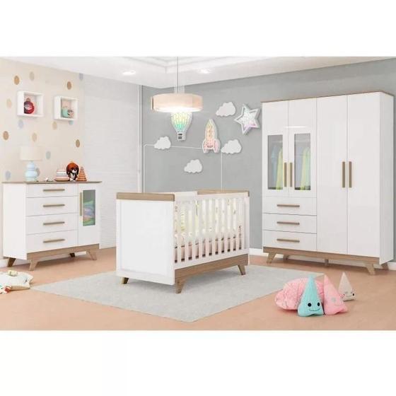 Imagem de Quarto de Bebê Completo com Guarda Roupa com Janela Cômoda e Berço 100% MDF Jolie Retrô