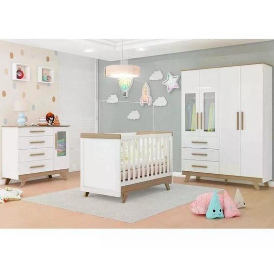Imagem de Quarto de Bebê Completo com Guarda Roupa com Janela Cômoda e Berço 100% MDF Kakau Retrô Espresso Móveis Branco Brilho/Carvalho
