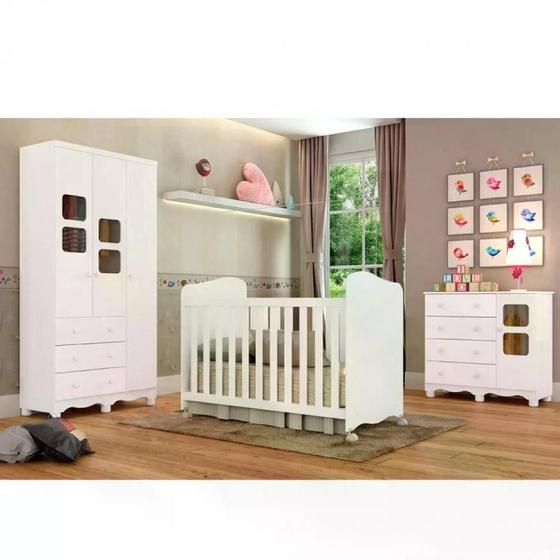 Imagem de Quarto de Bebê Completo com Guarda Roupa Cômoda com Janela e Berço 100% MDF Uli Móveis Peroba Branco Brilho