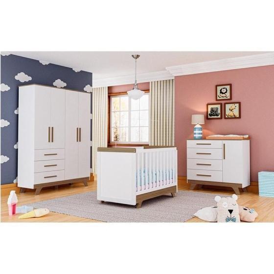 Imagem de Quarto de Bebê Completo com Guarda Roupa Cômoda e Berço 100% MDF Jolie Retrô Espresso Móveis Branco Brilho/Carvalho