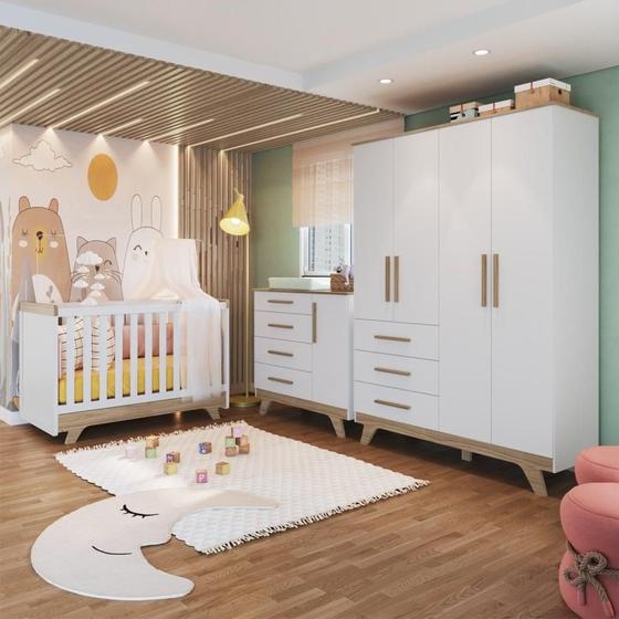 Imagem de Quarto de Bebê Completo com Guarda Roupa Cômoda e Berço 100% MDF Kakau Retrô Espresso Móveis Branco Brilho/Carvalho