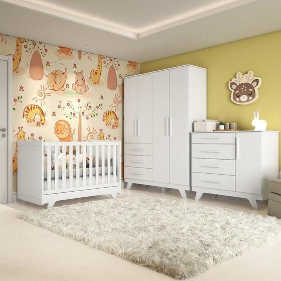 Imagem de Quarto de Bebê Completo com Guarda Roupa Cômoda e Berço 100% MDF Kakau Retrô Espresso Móveis Branco