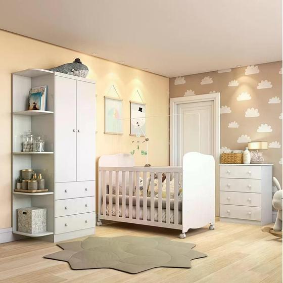Imagem de Quarto de Bebê Completo com Guarda Roupa Cômoda e Berço Mini Cama 100% MDF Pega-Pega Móveis Peroba Branco Brilho