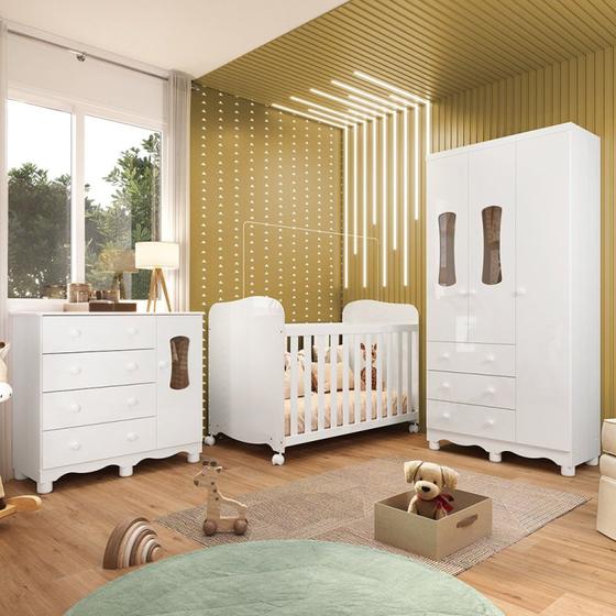 Imagem de Quarto de Bebê Completo com Guarda Roupas 3 Portas Cômoda e Berço com Rodizio 100% Mdf Lana Espresso Branco Brilho