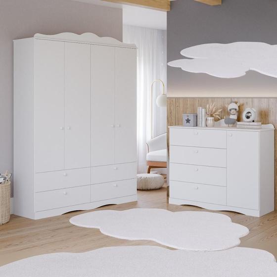 Imagem de Quarto de Bebê Completo Cômoda Provençal  4 Gavetas Guarda Roupas 4 Portas  4 Gavetas  100% MDF