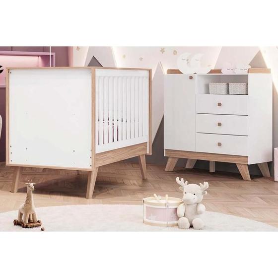 Imagem de Quarto de Bebê Completo Confete 2 Peças (1 Cômoda + 1 Berço) QI65 Branco/Jequitiba - Henn