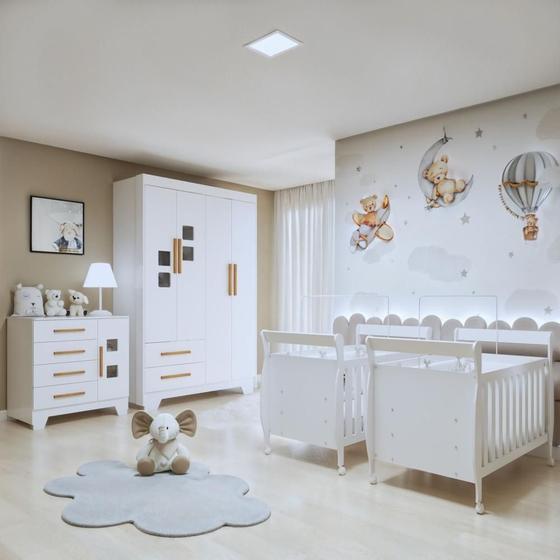 Imagem de Quarto de Bebê Completo Gêmeos com Guarda-roupa, 2 Berços e Cômoda Gael Branco