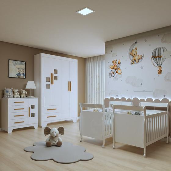 Imagem de Quarto de Bebê Completo Gêmeos com Guarda-roupa, 2 Berços e Cômoda Gael