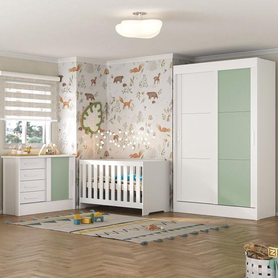 Imagem de Quarto de Bebê Completo Guarda Roupa 2 Portas 2 Gavetas com Cômoda e Berço Maya Espresso Móveis Branco/Verde