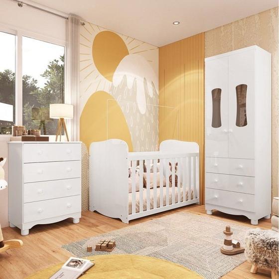 Imagem de Quarto de Bebê Completo Guarda Roupa 2 Portas Janeladas e Cômoda 7 Gavetas e Berço 100% Mdf Lana Branco Brilho