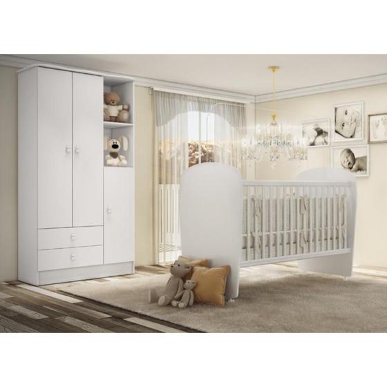Imagem de Quarto de Bebê Completo Guarda Roupa 3 Portas 2 Gavetas com Berço Lua Móveis Percasa Branco