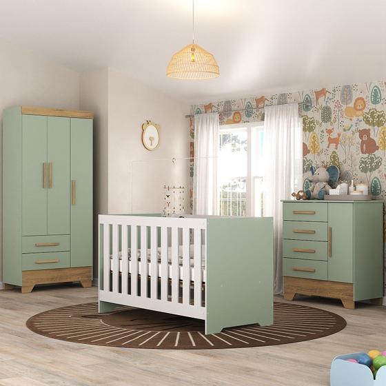 Quarto de Bebê Completo Guarda Roupa 3 Portas 2 Gavetas com Cômoda e Berço Moana Espresso Móveis Verde Fosco/Nature Menor preço em Quarto de Bebê Completo Guarda Roupa 3 Portas 2 Gavetas com Cômoda e Berço Moana Espresso Móveis Verde Fosco/Nature