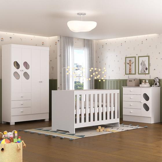Imagem de Quarto de Bebê Completo Guarda Roupa 4 Portas 3 Gavetas com Cômoda e Berço Hera Branco