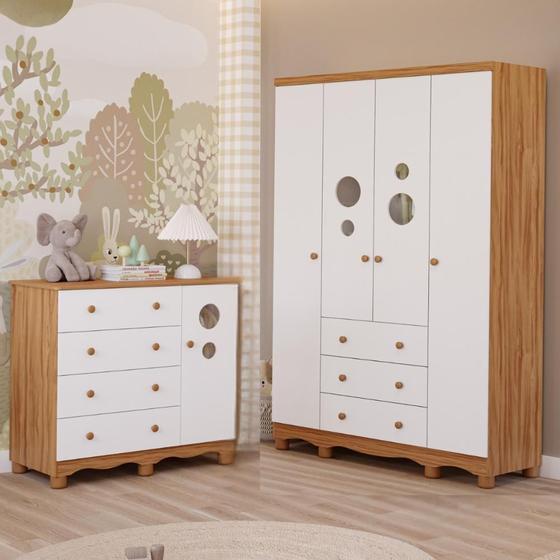 Imagem de Quarto de Bebê Completo Guarda Roupa 4 Portas Cômoda 1 Porta 4 Gavetas 100 MDF Bolinha