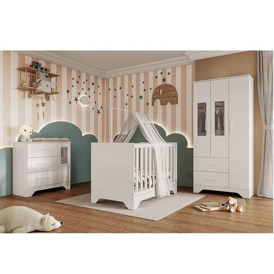 Imagem de Quarto de Bebê Completo Guarda-roupa e Cômoda com Janelas e Berço 100% Mdf Liam Espresso Móveis