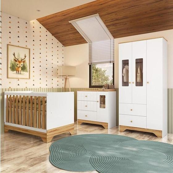 Imagem de Quarto de Bebê Completo Guarda-roupa e Cômoda com Janelas e Berço 100% Mdf Ravy Espresso Móveis Branco Brilho/Amêndoa