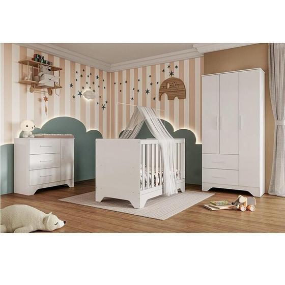Imagem de Quarto de Bebê Completo Guarda-roupa e Cômoda e Berço Minicama 100% Mdf Liam Espresso Móveis Branco Brilho