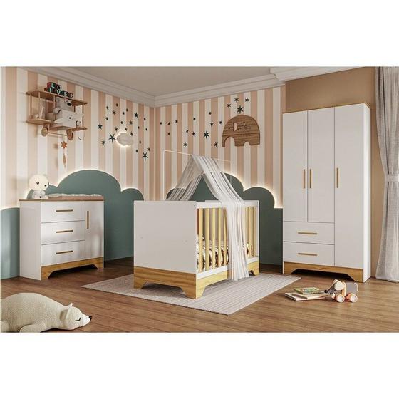 Imagem de Quarto de Bebê Completo Guarda-roupa e Cômoda e Berço Minicama 100% Mdf Liam Espresso Móveis