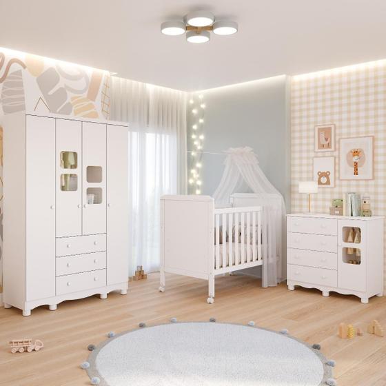 Imagem de Quarto de Bebê Completo Guarda Roupa Uli 4 Portas 3 Gavetas Berço Mini Cama Cloe 2 Em 1 Cômoda Uli 4 Gavetas 1 Porta