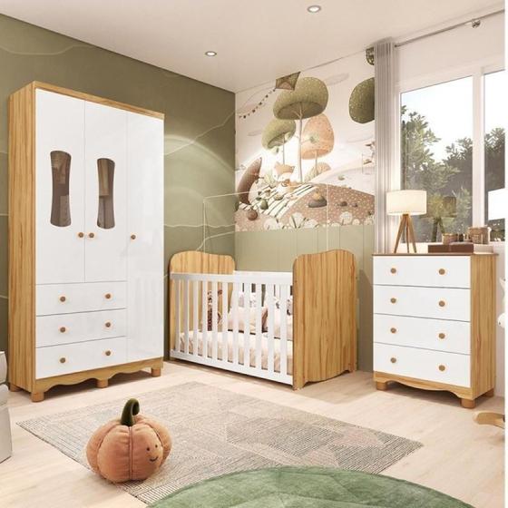 Imagem de Quarto de Bebê Completo Guarda Roupas 3 Portas Janeladas Cômoda 4 Gavetas e Berço 100% Mdf Lana Branco Brilho/Amêndoa