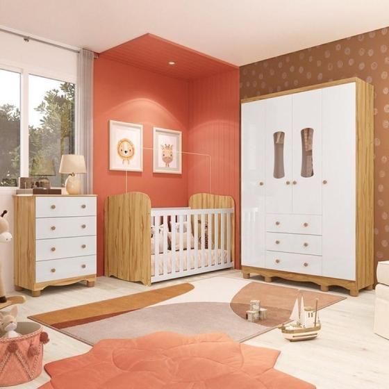 Imagem de Quarto de Bebê Completo Guarda Roupas 4 Portas Janeladas Cômoda com 4 Gavetas e Berço 100% Mdf Lana Branco Brilho/Amêndoa