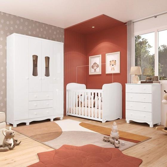 Imagem de Quarto de Bebê Completo Guarda Roupas 4 Portas Janeladas Cômoda com 4 Gavetas e Berço 100% Mdf Lana