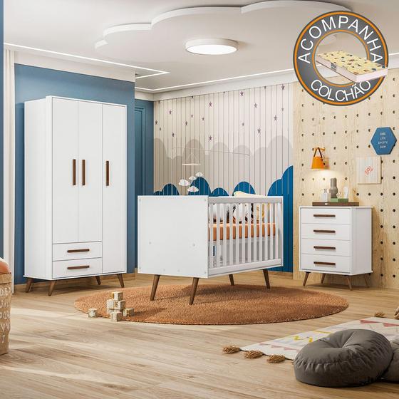 Imagem de Quarto de Bebê Completo Qencanto Retrô Qmovi Branco Acetinado + Colchão Gazin