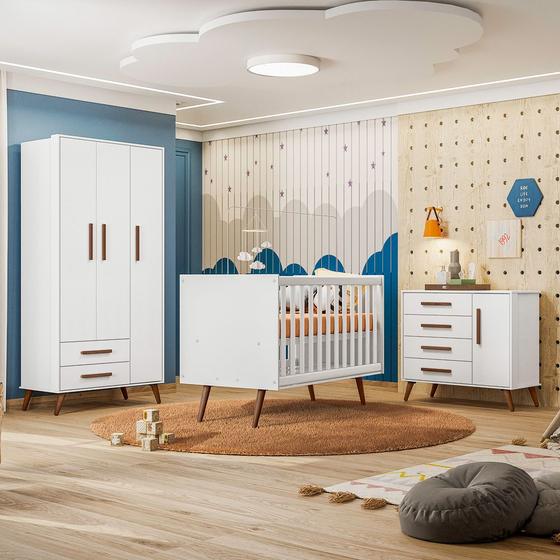 Imagem de Quarto de Bebê Completo Qencanto Retrô Qmovi Branco Acetinado com Colchão Gazin