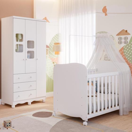 Imagem de Quarto de Bebê Completo Uli com Guarda Roupa 3 Portas 3 Gavetas e Berço Americano 100% MDF Móveis Peroba