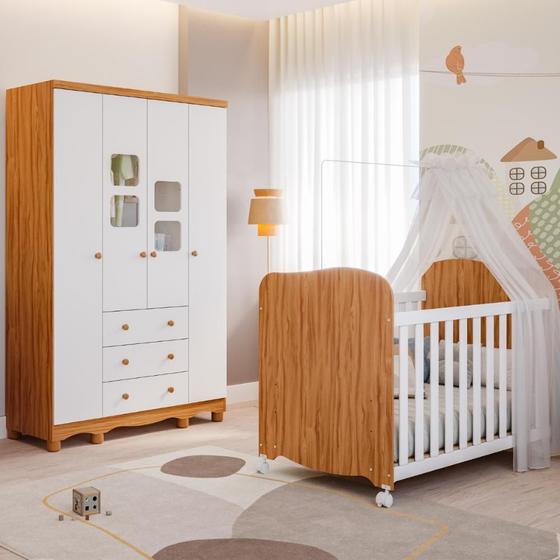 Imagem de Quarto de Bebê Completo Uli com Guarda Roupa 4 Portas 3 Gavetas e Berço Americano