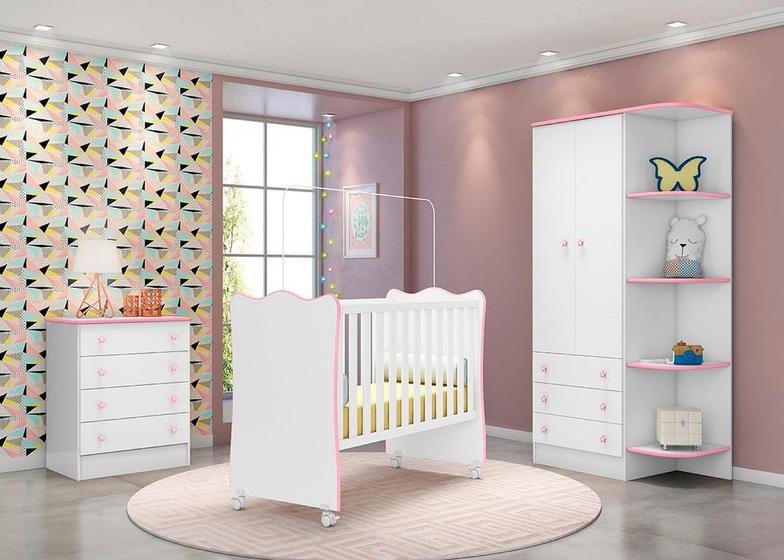 Imagem de Quarto De Bebê Doce Sonho 3 Branco e Rosa - Qmovi