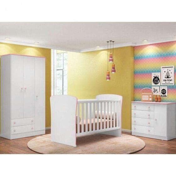 Quarto de Bebê Doce Sonho com Guarda-Roupa 3 Portas, Cômoda Sapateira e Berço Mini Cama Qmovi Menor preço em Quarto de Bebê Doce Sonho com Guarda-Roupa 3 Portas, Cômoda Sapateira e Berço Mini Cama Qmovi