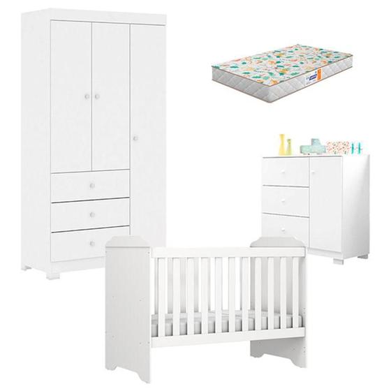 Imagem de Quarto de Bebê Duda 3 Portas e Berço Americano Mini Cama Mel Branco Brilho com Colchão Gazin  Phoenix Baby